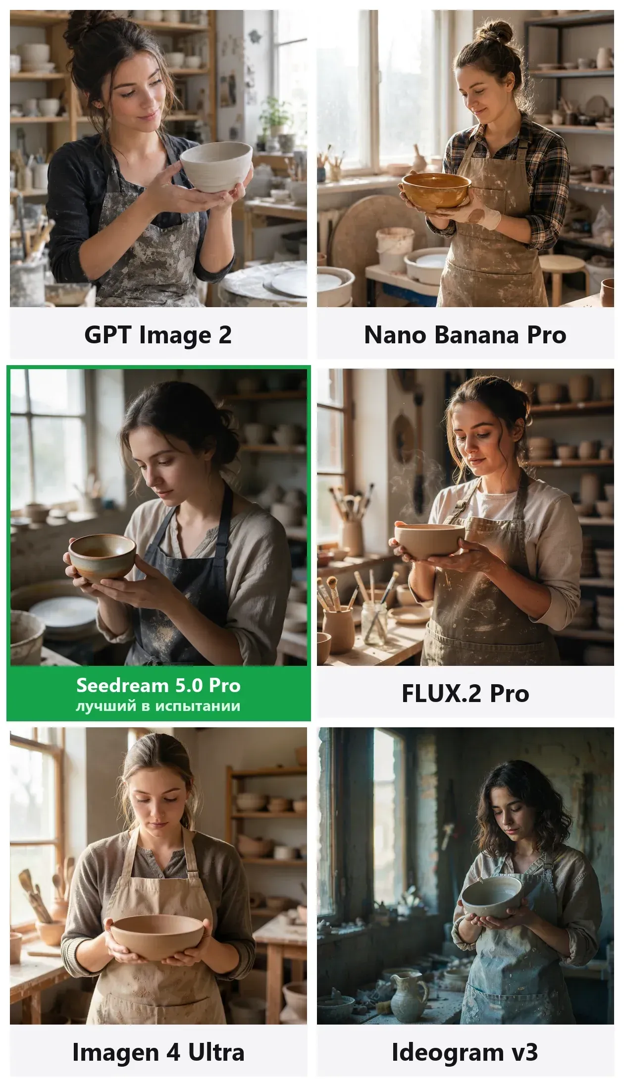 Сетка 2×3: портрет керамистки с чашей от GPT Image 2, Nano Banana Pro, Seedream 5.0 Pro, FLUX.2 Pro, Imagen 4 Ultra и Ideogram v3; Seedream отмечена как лучшая