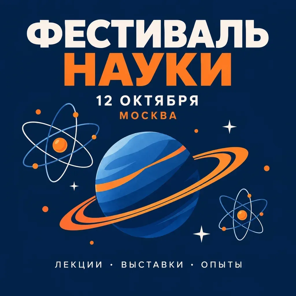 Постер «Фестиваль науки, 12 октября, Москва», сгенерированный GPT Image 2: заголовок белым и оранжевым, планета с кольцами и атомы на тёмно-синем фоне
