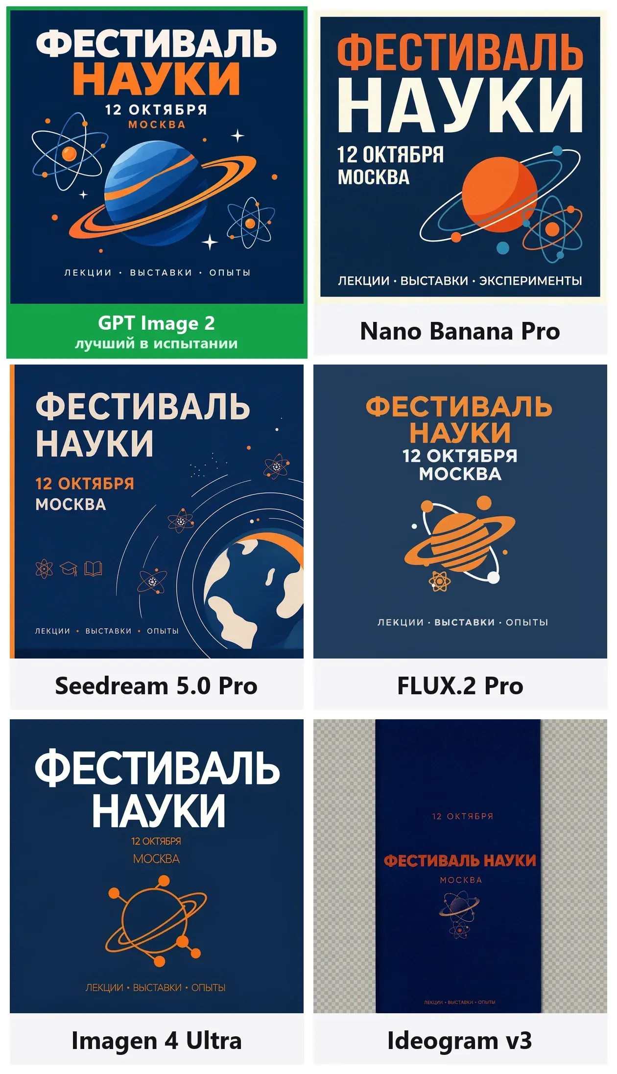 Сетка 2×3: постер «Фестиваль науки» от шести нейросетей; у Ideogram v3 вертикальный постер на прозрачном фоне, у Nano Banana Pro слово «Опыты» заменено на «Эксперименты»