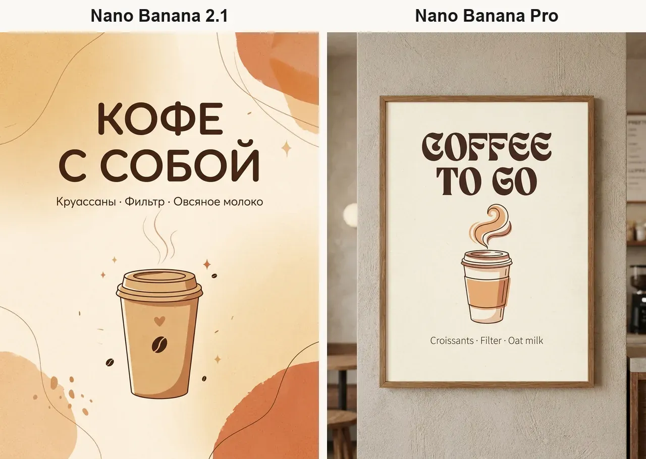 Афиша кофейни: слева Nano Banana 2.1 с точной русской надписью «КОФЕ С СОБОЙ», справа Nano Banana Pro с английской надписью COFFEE TO GO