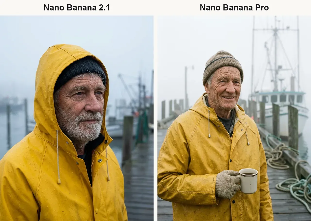Портрет рыбака в жёлтой куртке: слева Nano Banana 2.1 с крупным планом, справа Nano Banana Pro с фигурой по пояс и кружкой в руке