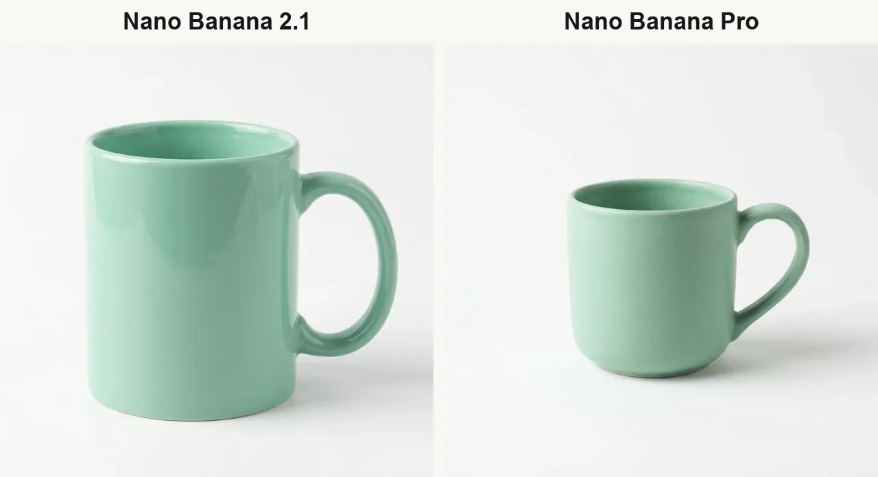 Мятная кружка на белом фоне: слева Nano Banana 2.1 с глянцевой глазурью, справа Nano Banana Pro с матовой кружкой меньшего размера