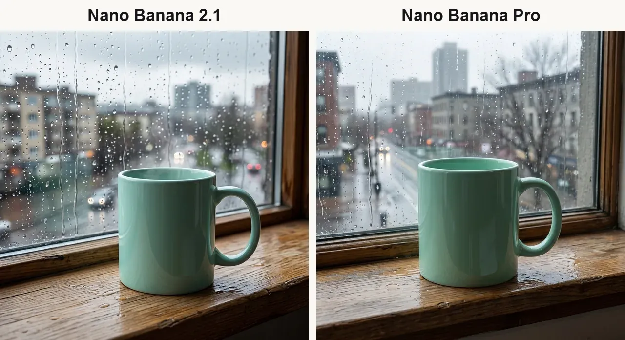Кружка на подоконнике у дождливого окна: слева результат Nano Banana 2.1, справа Nano Banana Pro