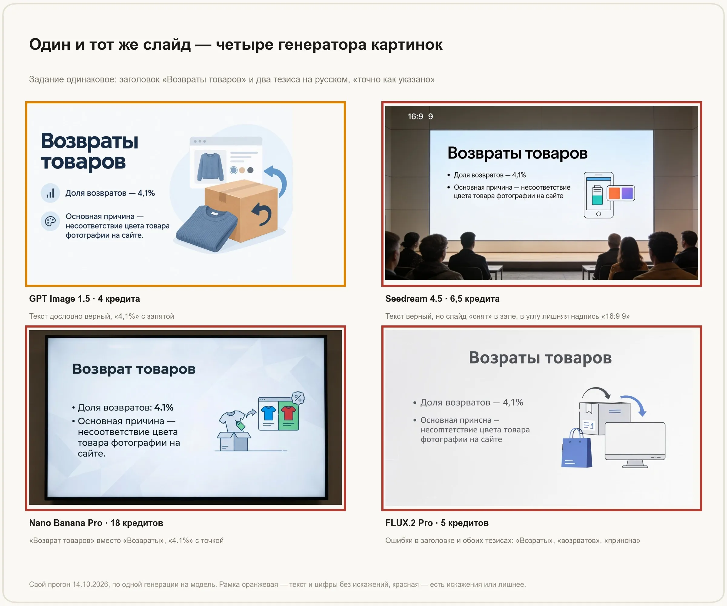 Один слайд «Возвраты товаров» в исполнении четырёх генераторов картинок: GPT Image 1.5 без ошибок, Seedream 4.5 с лишней надписью, Nano Banana Pro с изменённым заголовком и «4.1%», FLUX.2 Pro с опечатками