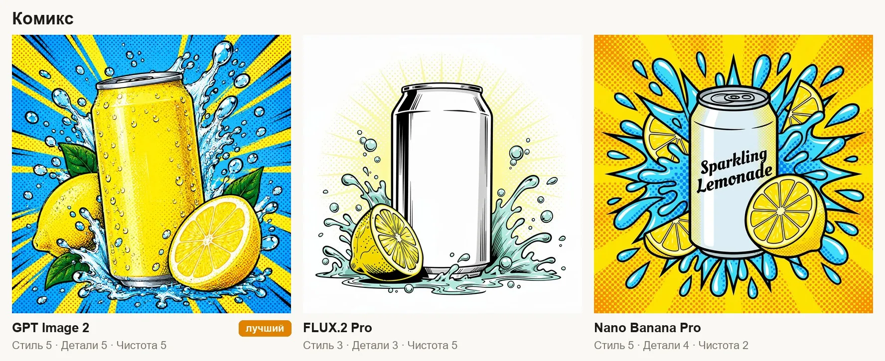 Комикс с банкой лимонада: GPT Image 2, FLUX.2 Pro, Nano Banana Pro