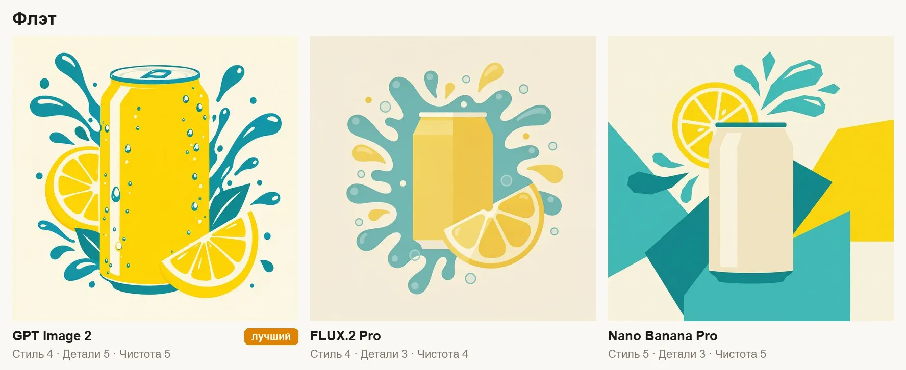 Флэт-иллюстрация банки лимонада: GPT Image 2, FLUX.2 Pro, Nano Banana Pro