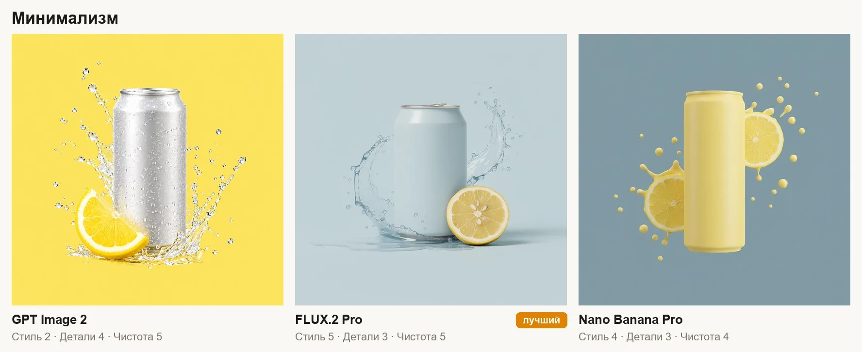 Минимализм с банкой лимонада: GPT Image 2, FLUX.2 Pro, Nano Banana Pro