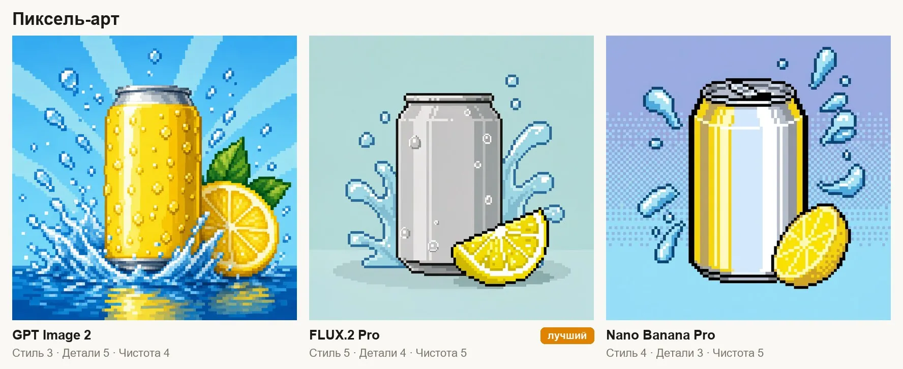 Пиксель-арт банки лимонада: GPT Image 2, FLUX.2 Pro, Nano Banana Pro