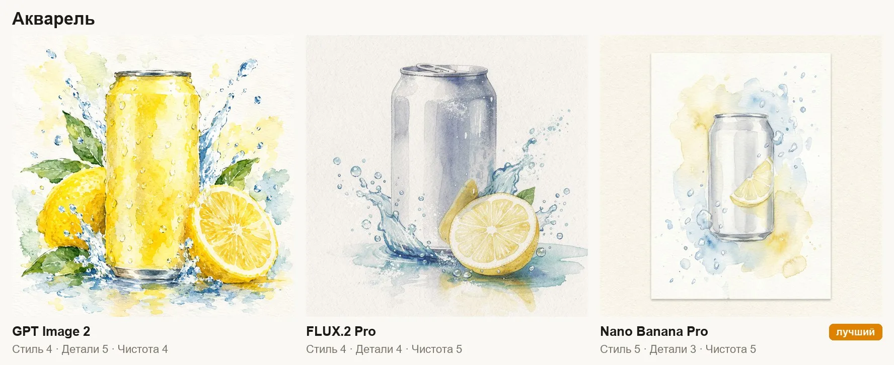 Акварель с банкой лимонада: GPT Image 2, FLUX.2 Pro, Nano Banana Pro