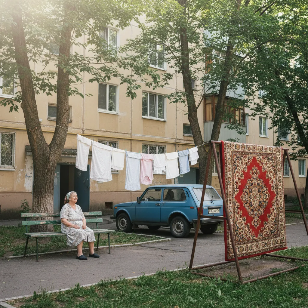 Нейросеть GPT Image 2 нарисовала двор пятиэтажки по описанию: бабушка на лавочке, бельё на верёвке, ковёр на раме и синяя «Нива»