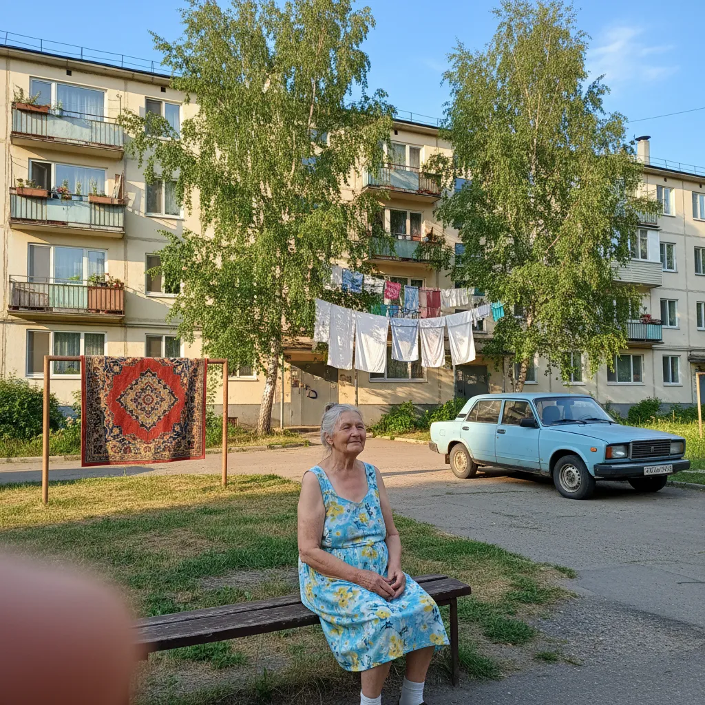 Нейросеть Seedream v4 нарисовала двор по описанию: четырёхэтажный дом, ковёр на раме, голубые «Жигули» и палец в углу кадра