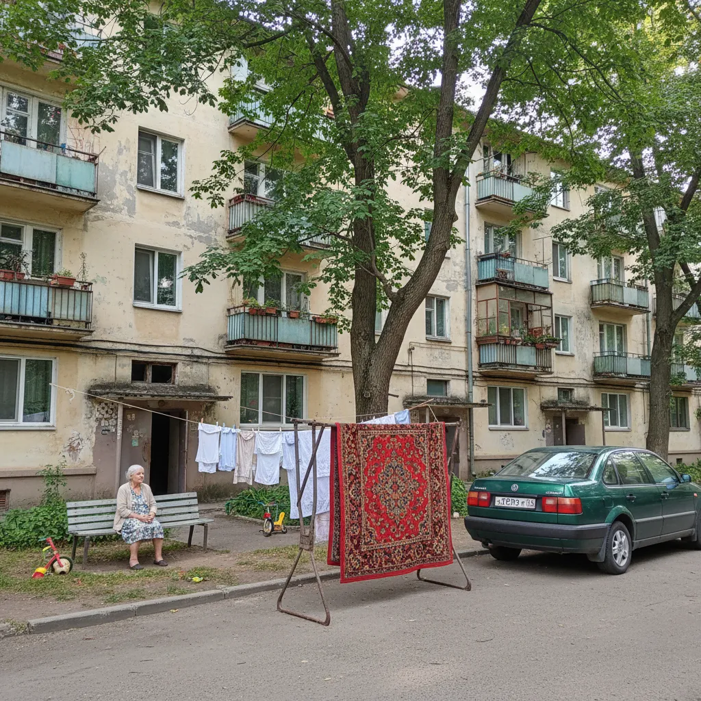 Нейросеть Grok Imagine нарисовала двор по описанию: облезлая хрущёвка, бабушка у подъезда, ковёр на раме и зелёный Volkswagen