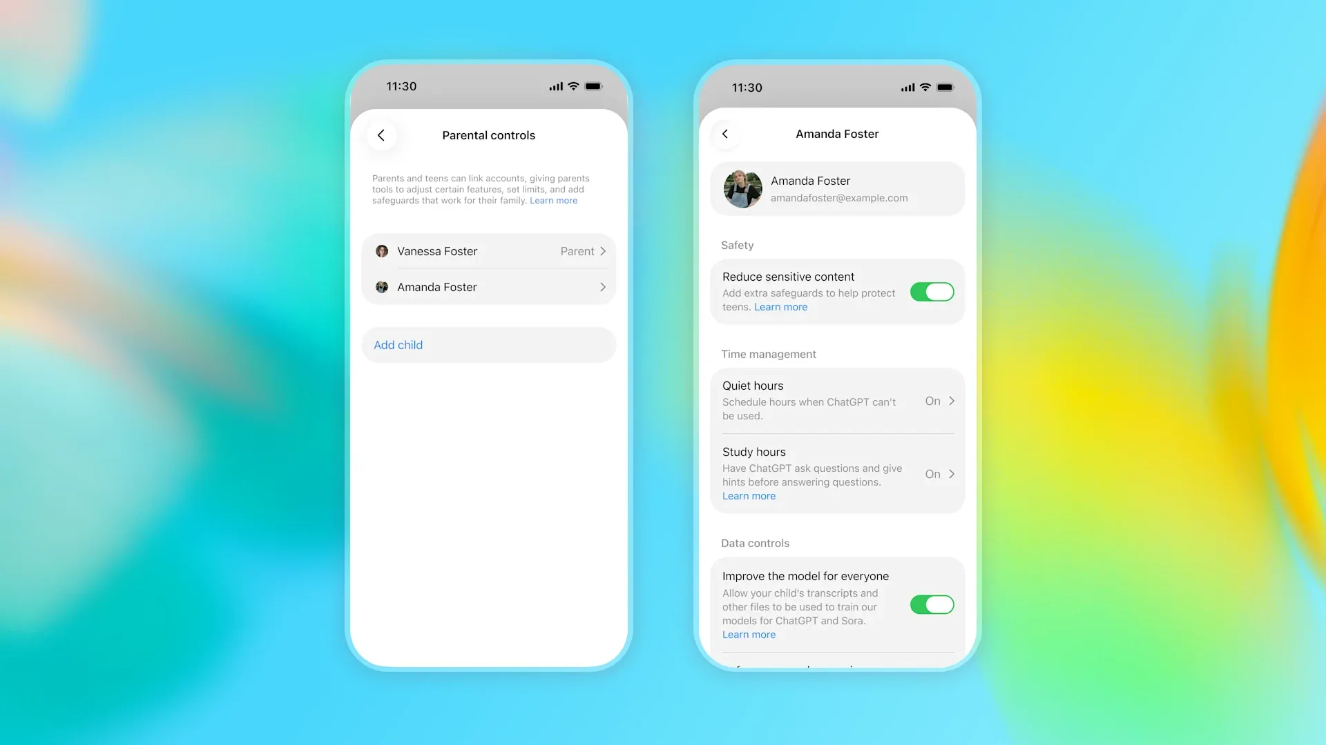 Официальный скриншот интерфейса родительского контроля ChatGPT for Teens из блога OpenAI: список привязанных аккаунтов, настройки Quiet hours и Study hours и тумблер «Improve the model for everyone» во включённом состоянии