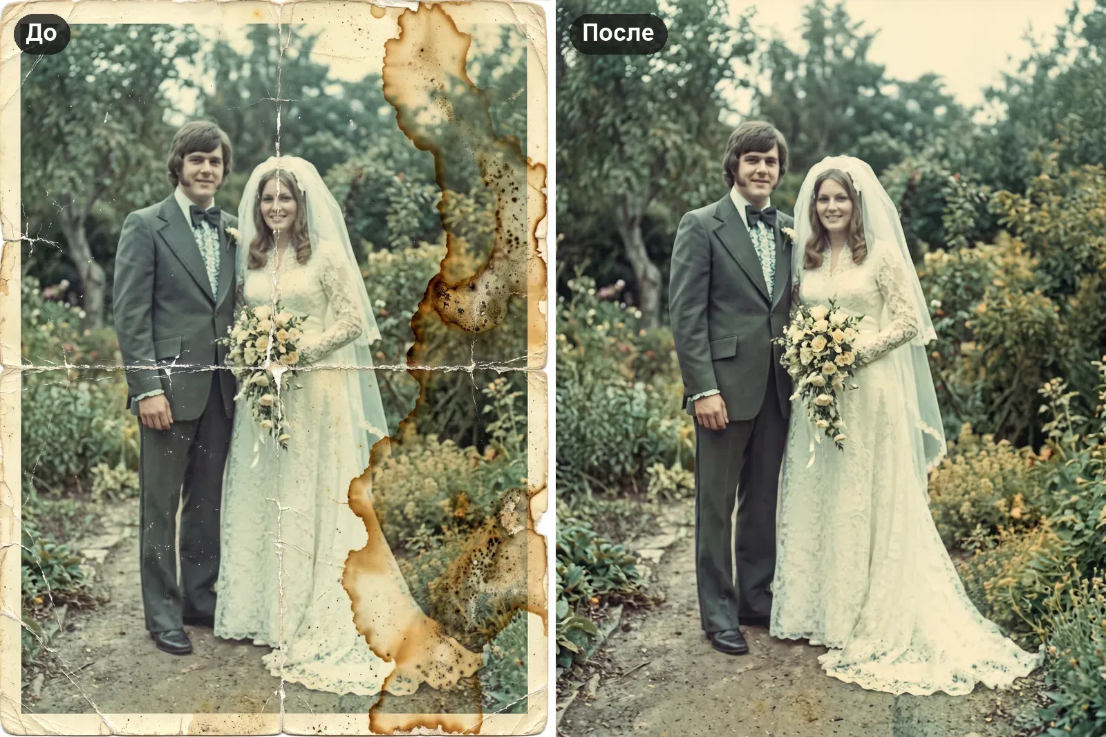 Свадебная фотография в саду: слева коричневые разводы от влаги и белые сгибы крест-накрест, справа тот же кадр после реставрации с чистым фоном
