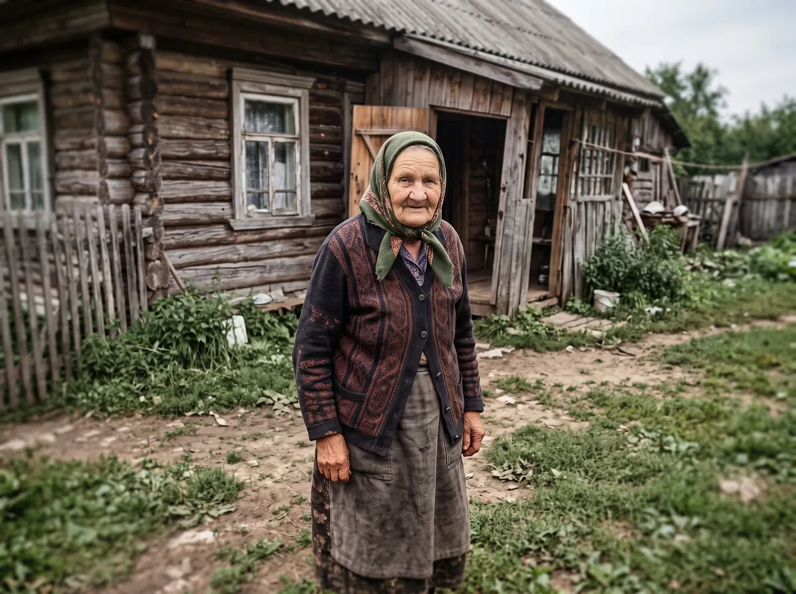 Реставрированный и раскрашенный снимок: очищенный кадр, зелёная трава, тёмная кофта, платок и дерево дома в естественных цветах