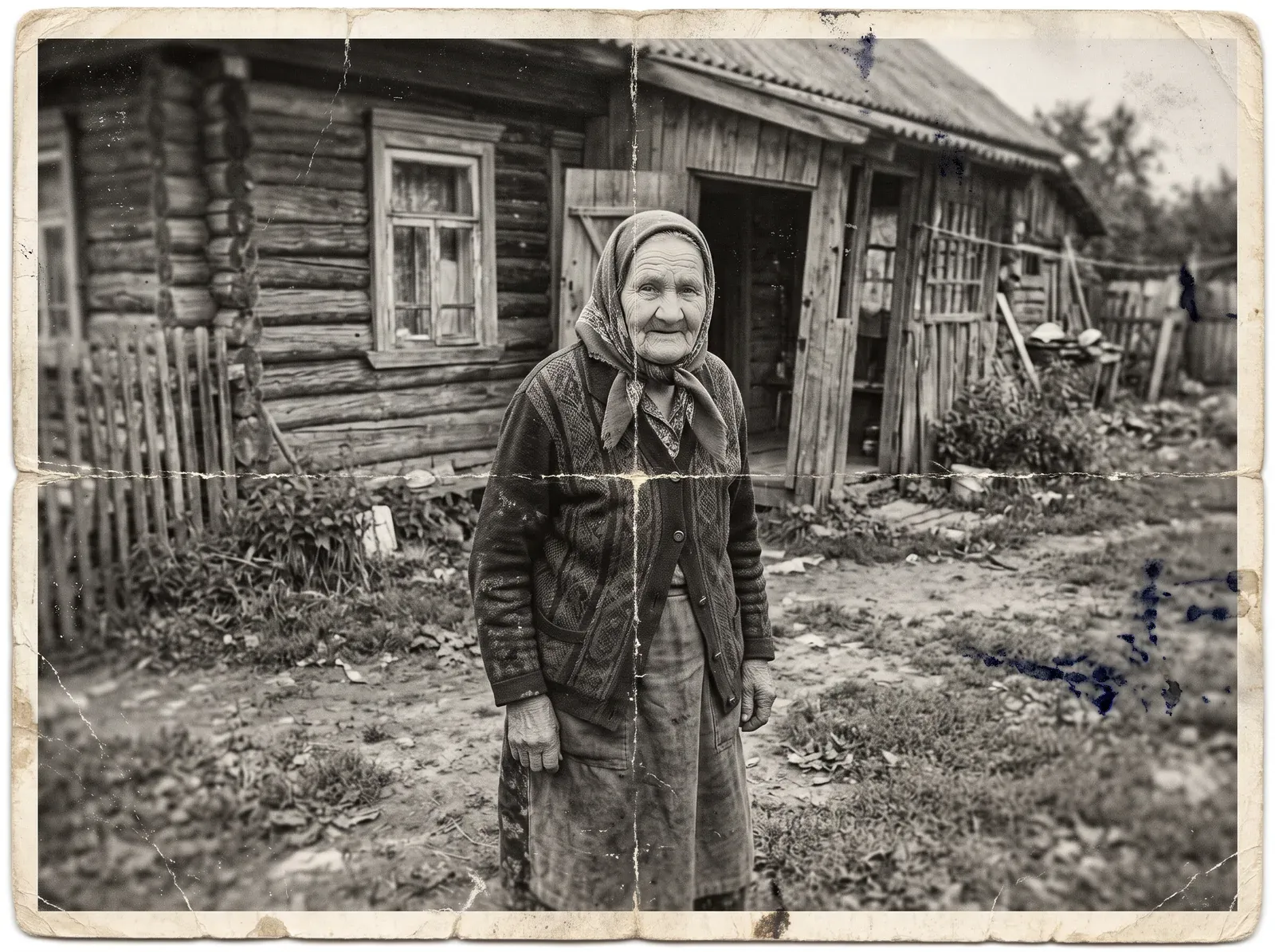 Чёрно-белая фотография пожилой женщины в платке у деревянного дома: царапины, сгибы, чернильные пятна, жёлтые края