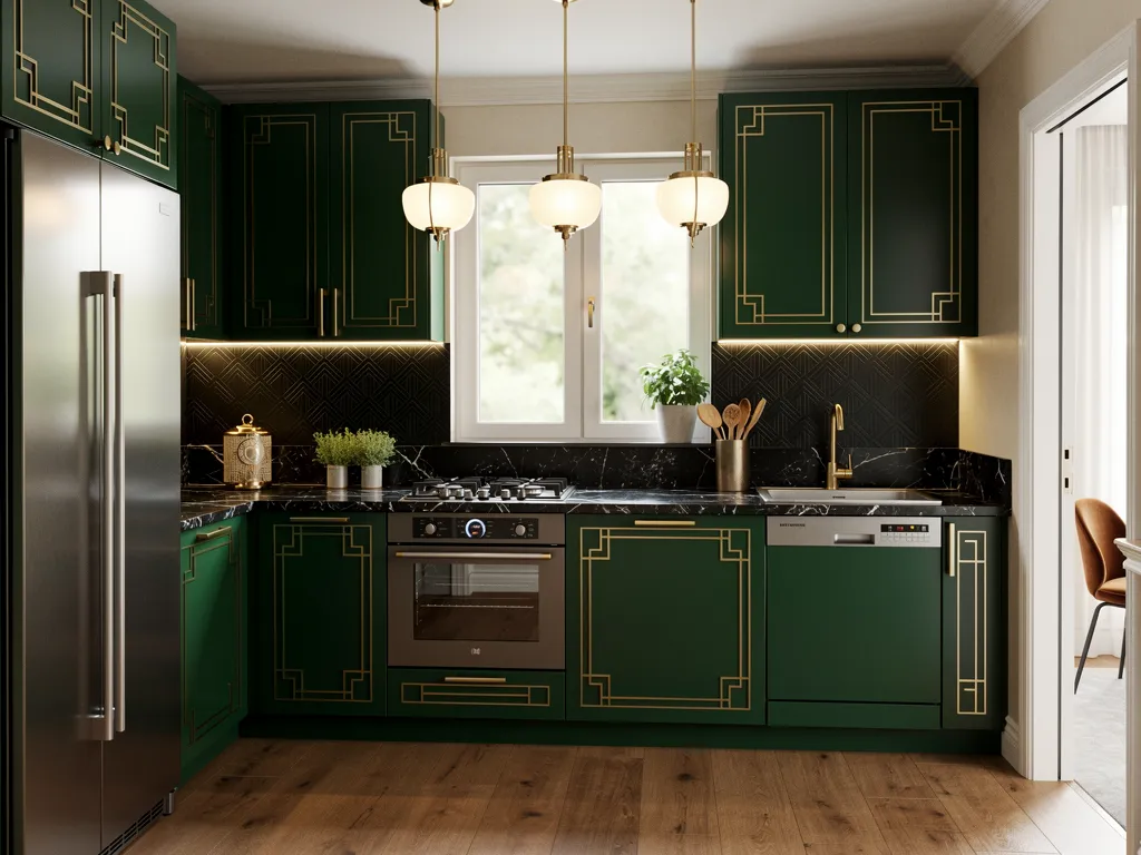 П-образная кухня 12 м² в стиле ар-деко: изумрудные фасады с латунными вставками, чёрная мраморная столешница