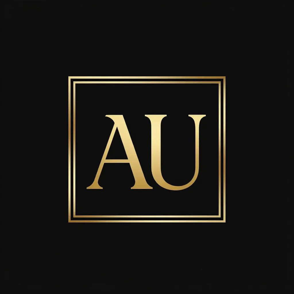 Золотая монограмма AU ювелирного дома Aurum в тонкой рамке на чёрном