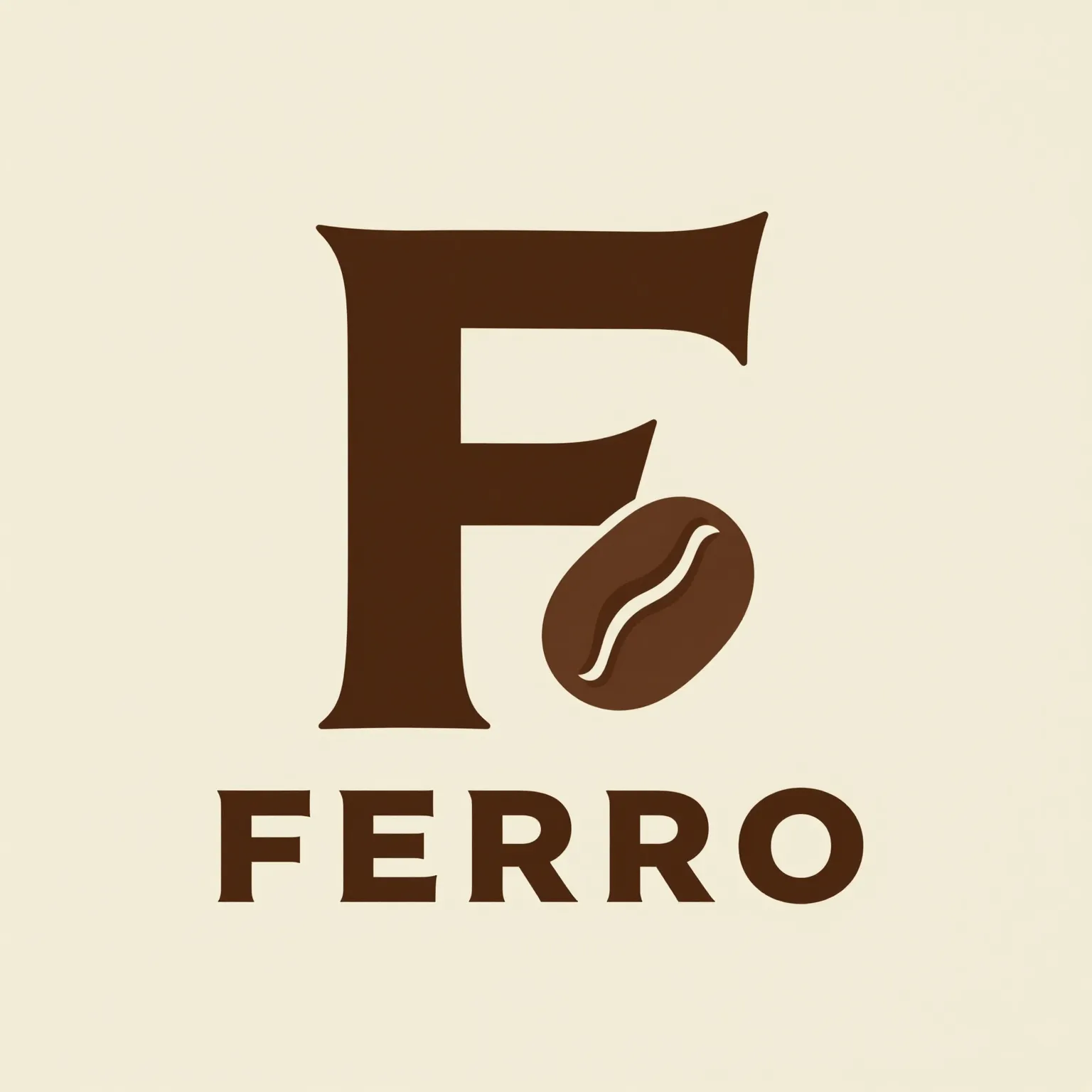 Логотип кофейни Ferro: монограмма F с кофейным зерном, коричневый на кремовом