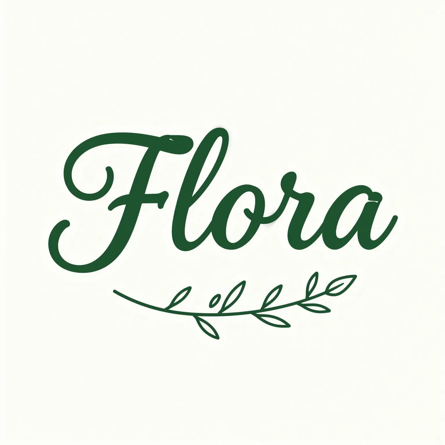 Каллиграфический логотип цветочной лавки Flora с зелёной веточкой