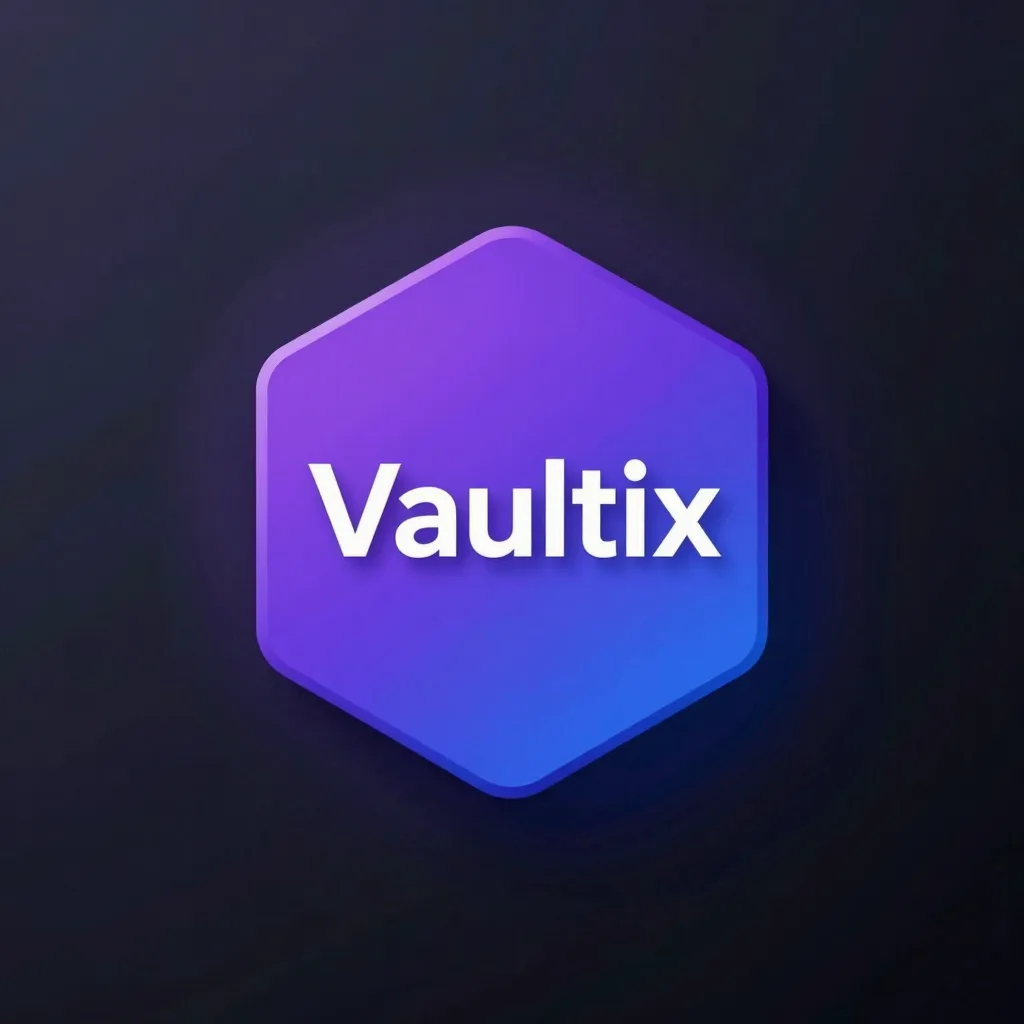 Объёмный логотип криптосервиса Vaultix: глянцевый шестиугольник в фиолетово-синем градиенте